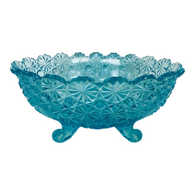 Vintage l.g. Wright Daisy & Button Blue Four Toed Oval Dish For Sale