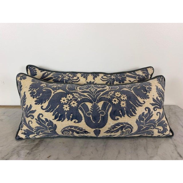 An exceptional pair of custom lumbar pillows in the legendary Fortuny Textile. This highly sought-after Sevres Blue...