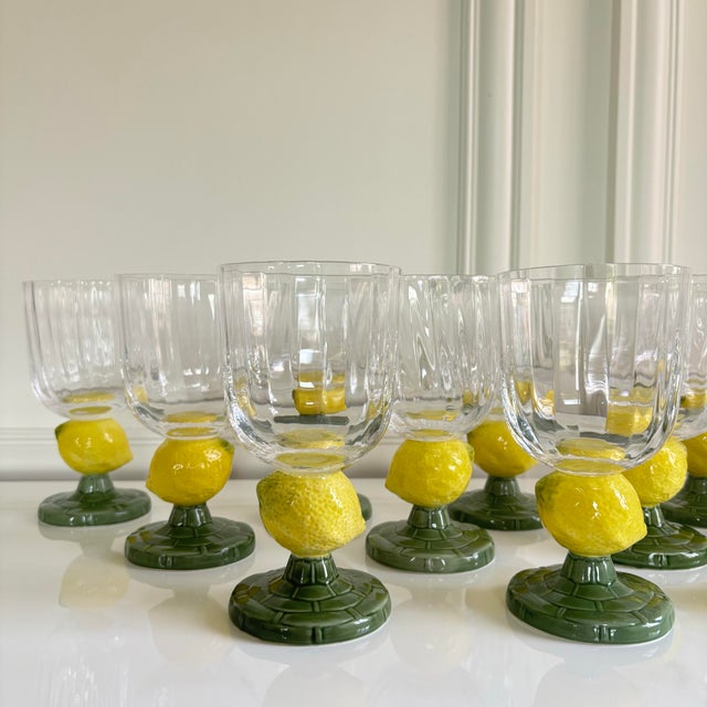 2020s Bordallo Pinheiro Style Green Stem Lemon Motif Hand Blown Fluted Glass Goblets - Set of 12 For Sale - Image 5 of 9
