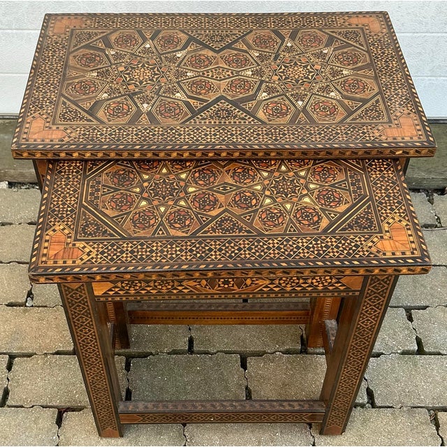 Islamic Pair of Vintage Moorish Style Inlaid Nesting Tables For Sale - Image 3 of 12
