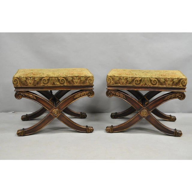 Ethan Allen Alexis X-Frame Regency Style Curule Footstool Stool Ottoman - a Pair. Circa Late 20th Century, Pre-owned....
