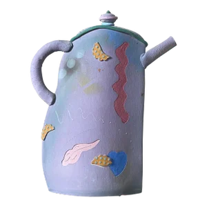 Vintage Memphis Style Flattened Ceramic Tea Kettle/Postmodernist, Signed
