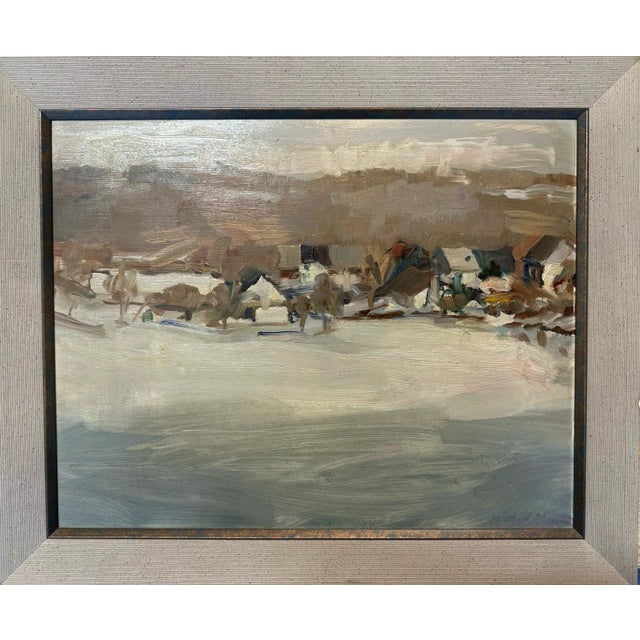 Unknown, Winter Landscape Village Snow, 1994, Oil on Cardboard For Sale - Image 13 of 13