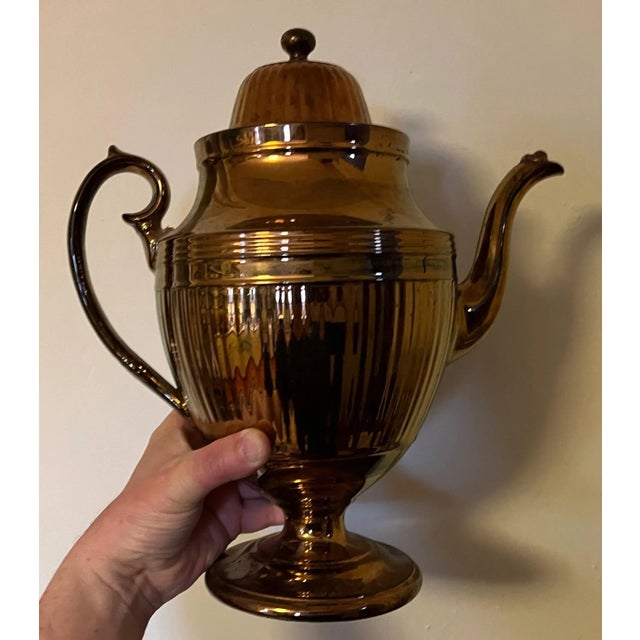 Very large antique early 19th century English Staffordshire urn shape copper luster coffee pot. Measures 12 1/2" tall x 11...