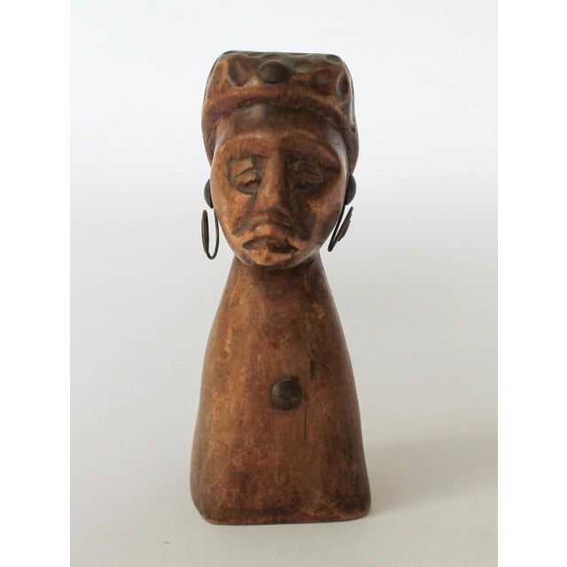 Vintage carved wood African bust figure with metal wire earrings. No makers mark. Minor age wear.