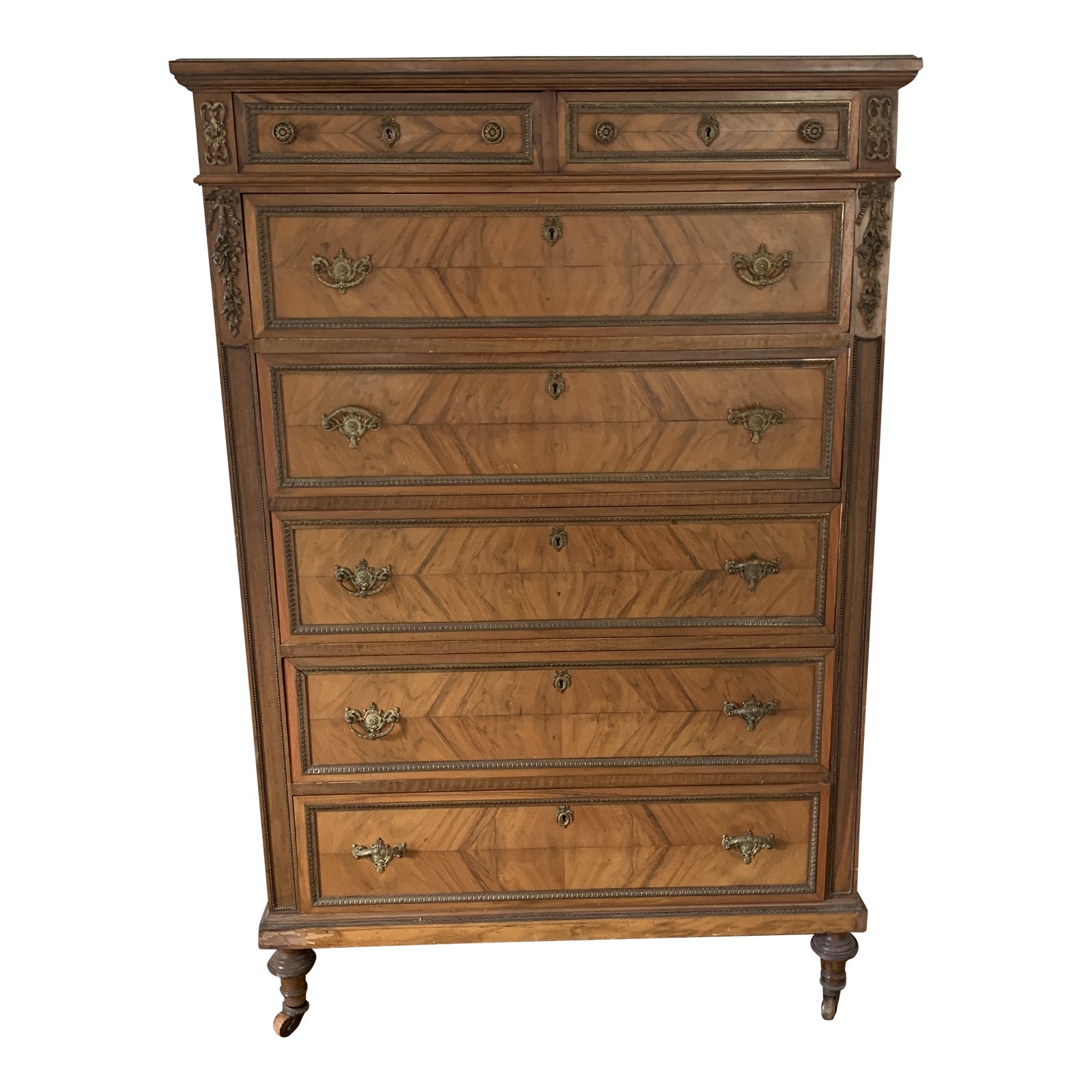 French Style Tall Chest With Book Matched Veneer and Brass Accents