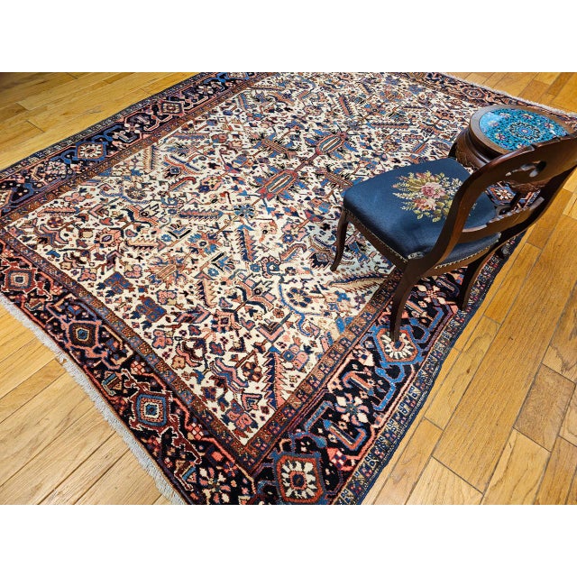 Vintage Persian Heriz Serapi Rug, Hand-Knotted Wool, All-Over Geometric Pattern, Ivory & Blue, 8x10 For Sale - Image 14 of 14