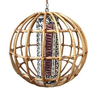 Franco Albini Inspired Stick Rattan Spherical Chandelier For Sale