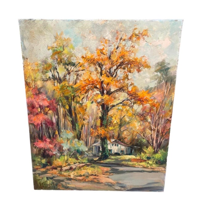 1960s Painting: Impressionist Autumn Landscape With Cottage For Sale - Image 4 of 12