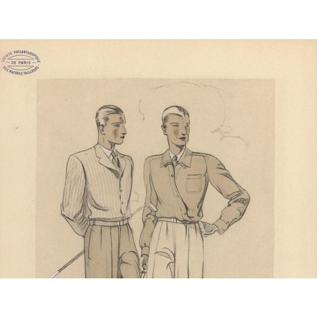 This is a 1933 French tailoring lithograph that features men's sportswear for the golfer. It was published by the Societe...