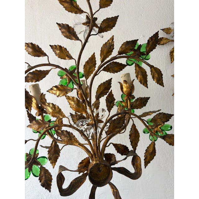 Maison Baguès Style 3 Lights Green Crystal Flowers Tole Bow Sconces, Circa 1940 For Sale - Image 9 of 13