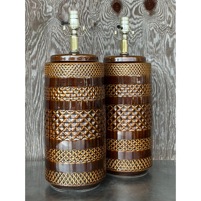 Ceramic Vintage Boho Glazed Ceramic Band Lamps - a Pair For Sale - Image 7 of 10