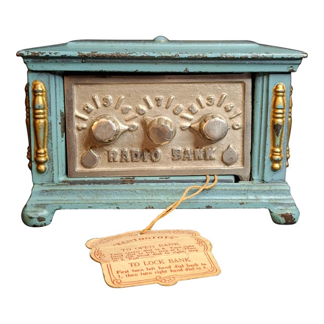Antique Kenton Cast Iron Radio Bank 1920s Safe Original Tag Peirce Collection For Sale