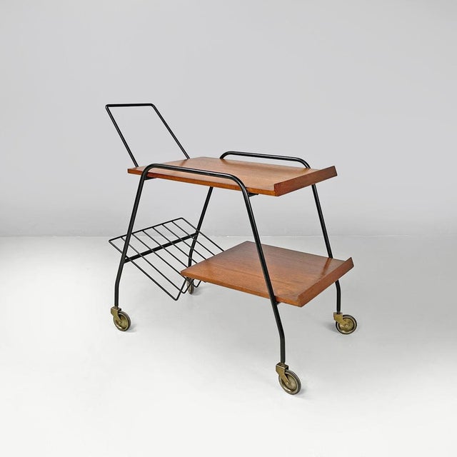 Mid-Century Modern Italian Wood and Black Metal Trolley with Brass Wheels, 1960s For Sale - Image 17 of 17