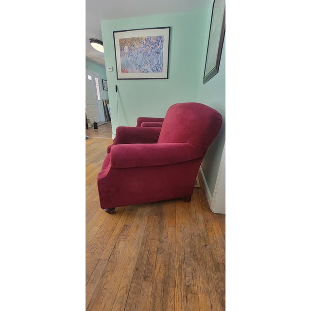 Red Late 20th Century Pair of Brunschwig and Fils Saratoga Collection Club Chairs and Matching Ottoman For Sale - Image 8 of 11