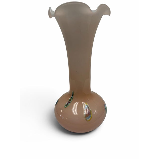 Glass Vintage Italian Lavorazione Arte Murano Cased Glass Ruffled Rim Pink Opaline Vase For Sale - Image 7 of 7