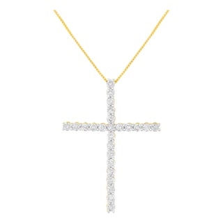 10K Yellow Gold Plated .925 Sterling Silver 3.0 Cttw Round Shape Diamond 1-1/2" Cross Pendant with Box Chain Necklace (J-K Color, I2-I3 Clarity) - 18" For Sale