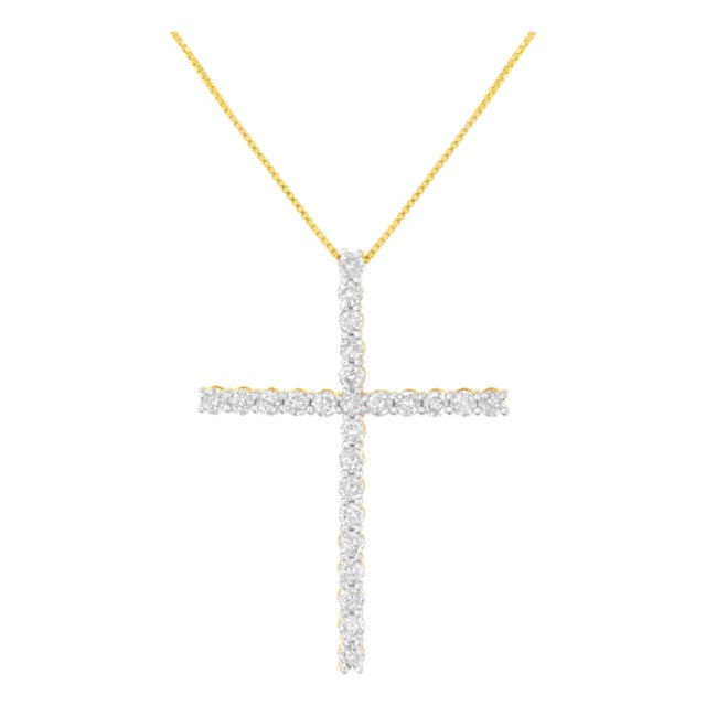 10K Yellow Gold Plated .925 Sterling Silver 3.0 Cttw Round Shape Diamond 1-1/2" Cross Pendant with Box Chain Necklace (J-K Color, I2-I3 Clarity) - 18" For Sale