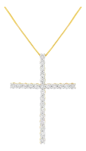 10K Yellow Gold Plated .925 Sterling Silver 3.0 Cttw Round Shape Diamond 1-1/2" Cross Pendant with Box Chain Necklace (J-K Color, I2-I3 Clarity) - 18"