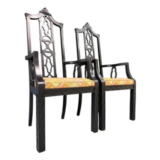 Elegant Pair of 1970s Black Chinoiserie Arm Chairs W/Carved Details Mid Century For Sale