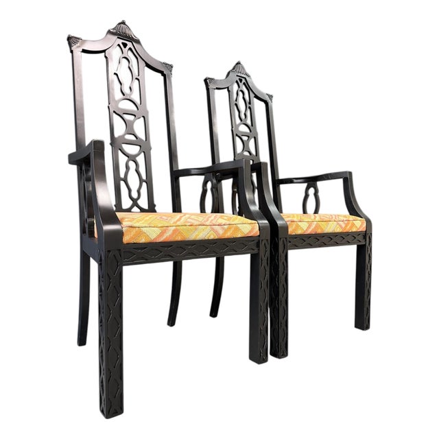 Elegant Pair of 1970s Black Chinoiserie Arm Chairs W/Carved Details Mid Century For Sale