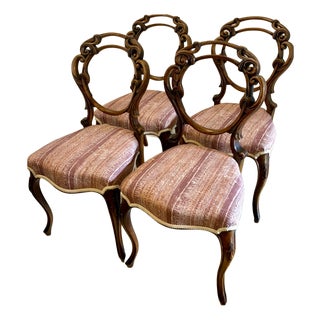 Antique Victorian Carved Walnut Balloon Back Dining Chairs, 1860s, Set of 4 For Sale