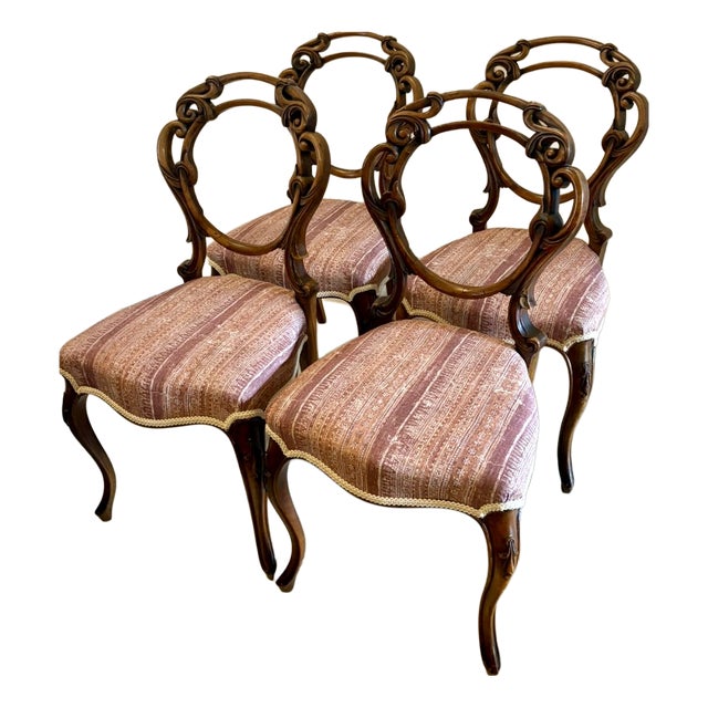 Antique Victorian Carved Walnut Balloon Back Dining Chairs, 1860s, Set of 4 For Sale