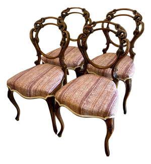Antique Victorian Carved Walnut Balloon Back Dining Chairs, 1860s, Set of 4