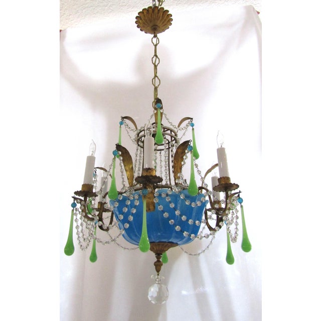1940s Rare Italian Blue and Green Opaline Beaded Gold Leaf Chandelier For Sale - Image 10 of 11