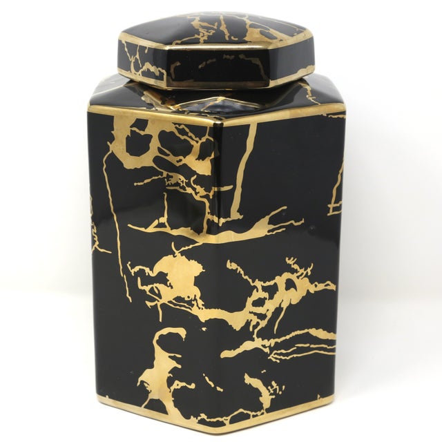 2000 - 2009 Hexagonal Black & Gold Ceramic Lidded Jar For Sale - Image 5 of 8