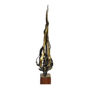 Mid 20th Century Vintage Mid Century Brutalist "Flame" Brass Metal & Walnut Sculpture Signed, Ry