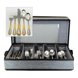 1990s Retroneu “Linda” Gold Accent Stainless 71-Pieces (Service for 14 + Storage Case) Vintage For Sale