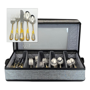 1990s Retroneu “Linda” Gold Accent Stainless 71-Pieces (Service for 14 + Storage Case) Vintage