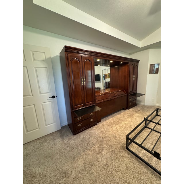 Vintage Thomasville Illuminated Cherry Queen Bed Unit- Headboard, Bridge, Nightstand Armoires, & Mirror For Sale - Image 9 of 18