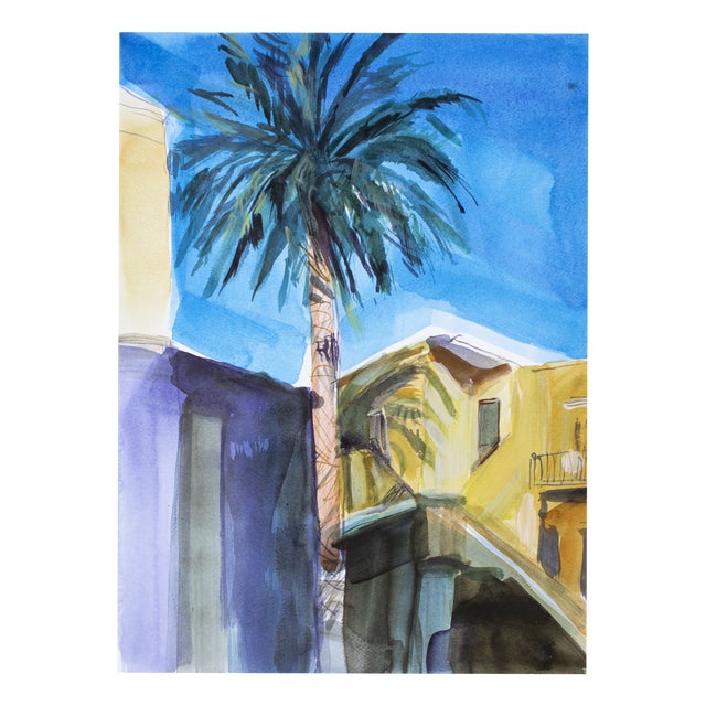 Agapi Wieruszewska, A View with A Palm Tree (Kisamos Street, Crete), Nude, Watercolour on Paper, 2024 For Sale