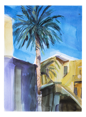 Agapi Wieruszewska, A View with A Palm Tree (Kisamos Street, Crete), Nude, Watercolour on Paper, 2024