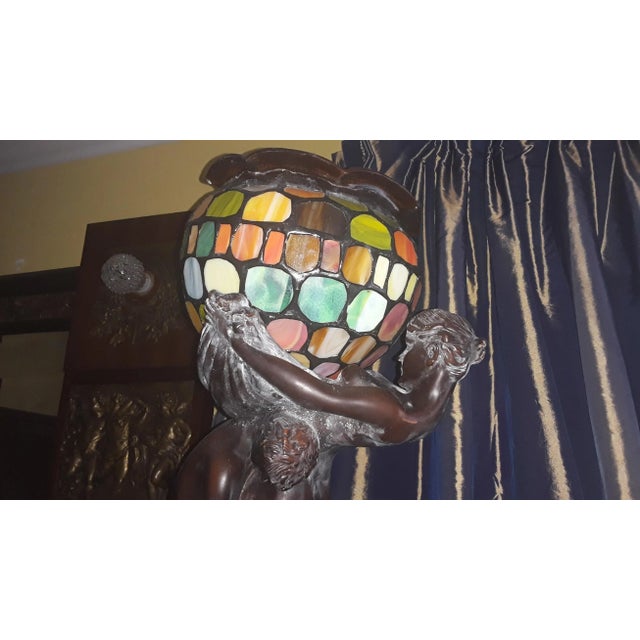 19thc Art Nouveau Signed Gustave Gurschner Cast Bronze Art Glass Tiled Floor/ Large Table Lamp For Sale In Miami - Image 6 of 12