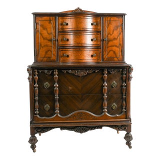 American Art Deco Burl Walnut Highboy Dresser With Vanity Cabinet For Sale