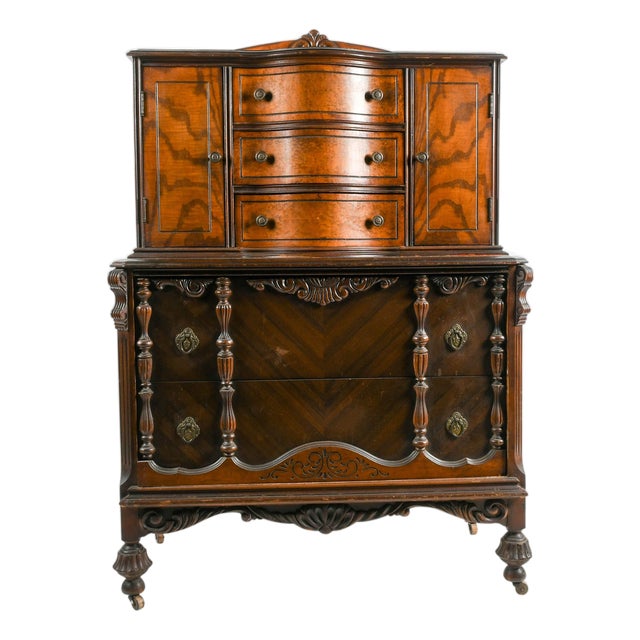 American Art Deco Burl Walnut Highboy Dresser With Vanity Cabinet For Sale