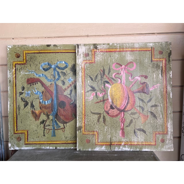 Mid 20th Century Pair of Large French Louis XVI Style Painted Oil on Wood Trophy Paintings For Sale - Image 5 of 10