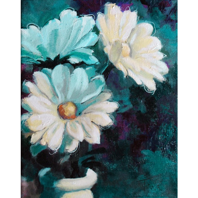 Spotlights by Tracy Wall | Oil on Canvas Painting of white flowers on a dark background For Sale