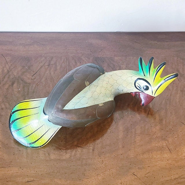 Metal Mid-Century Hand Painted Tonala Mexico Cockatoo With Brass Wings For Sale - Image 7 of 7