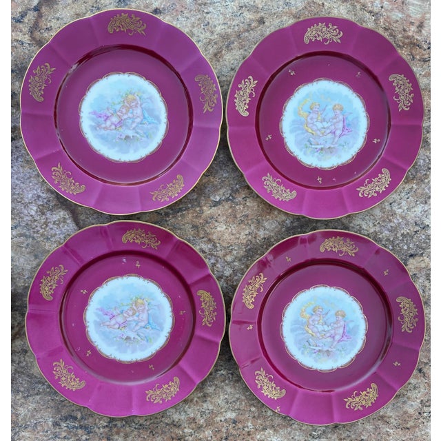 Red Vintage Set of 12 French Hand Painted Cherubs Gold Gilt Red Porcelain Dinner Plates For Sale - Image 8 of 12