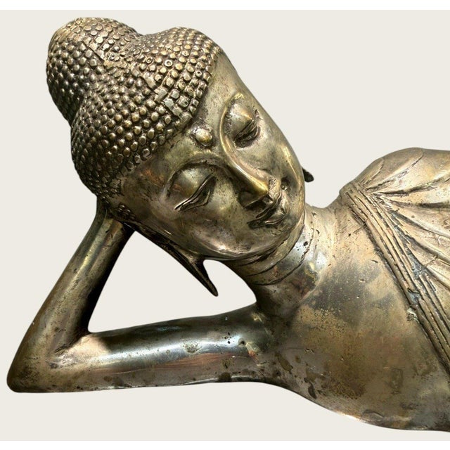 Asian Vintage Thai Reclining Buddha Hollow Cast Brass Sculpture 22.25" Parinirvana For Sale - Image 3 of 12