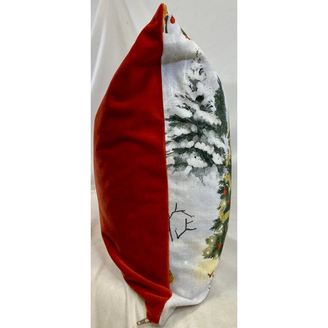 Festive Santa With Animal Friends Christmas Themed Bolster Pillow With Red Velour-Like Back - Made in U K For Sale - Image 11 of 12