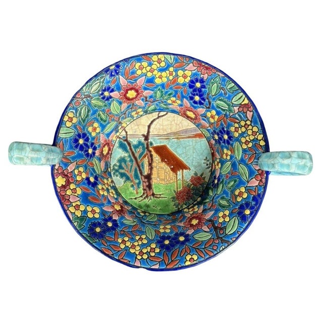 Longwy: Important Art Nouveau polychrome cloisonné and crackle enamel bowl or trinket dish, decorated with a lakeside...