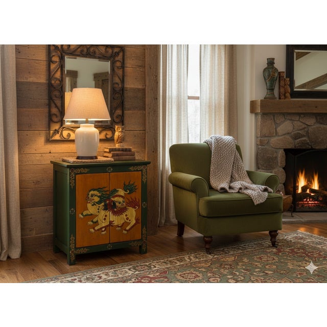 Orange Tibetan Style Green Orange Two Snowlions End Table Nightstand For Sale - Image 8 of 10