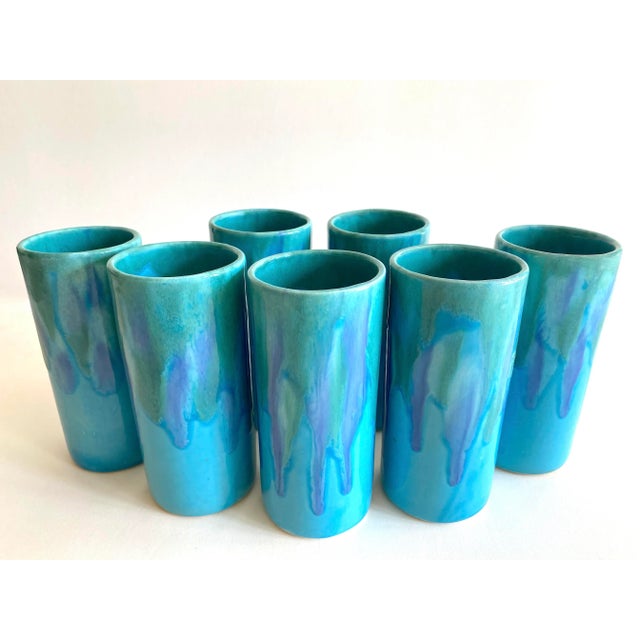 This set of seven vintage Mid Century Modern Dryden studio art pottery drip glaze ceramic cups are a very special and...