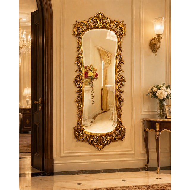 Bring instant grandeur to a room with this oversized 77-inch ornate gold mirror, a dramatic statement piece inspired by...