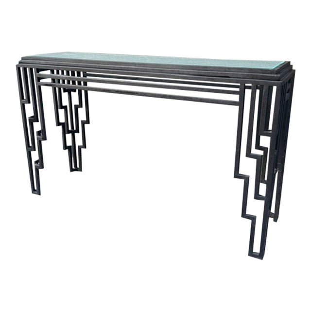 1980s Art Deco Revival Iron Console Table With Frosted Glass Top For Sale